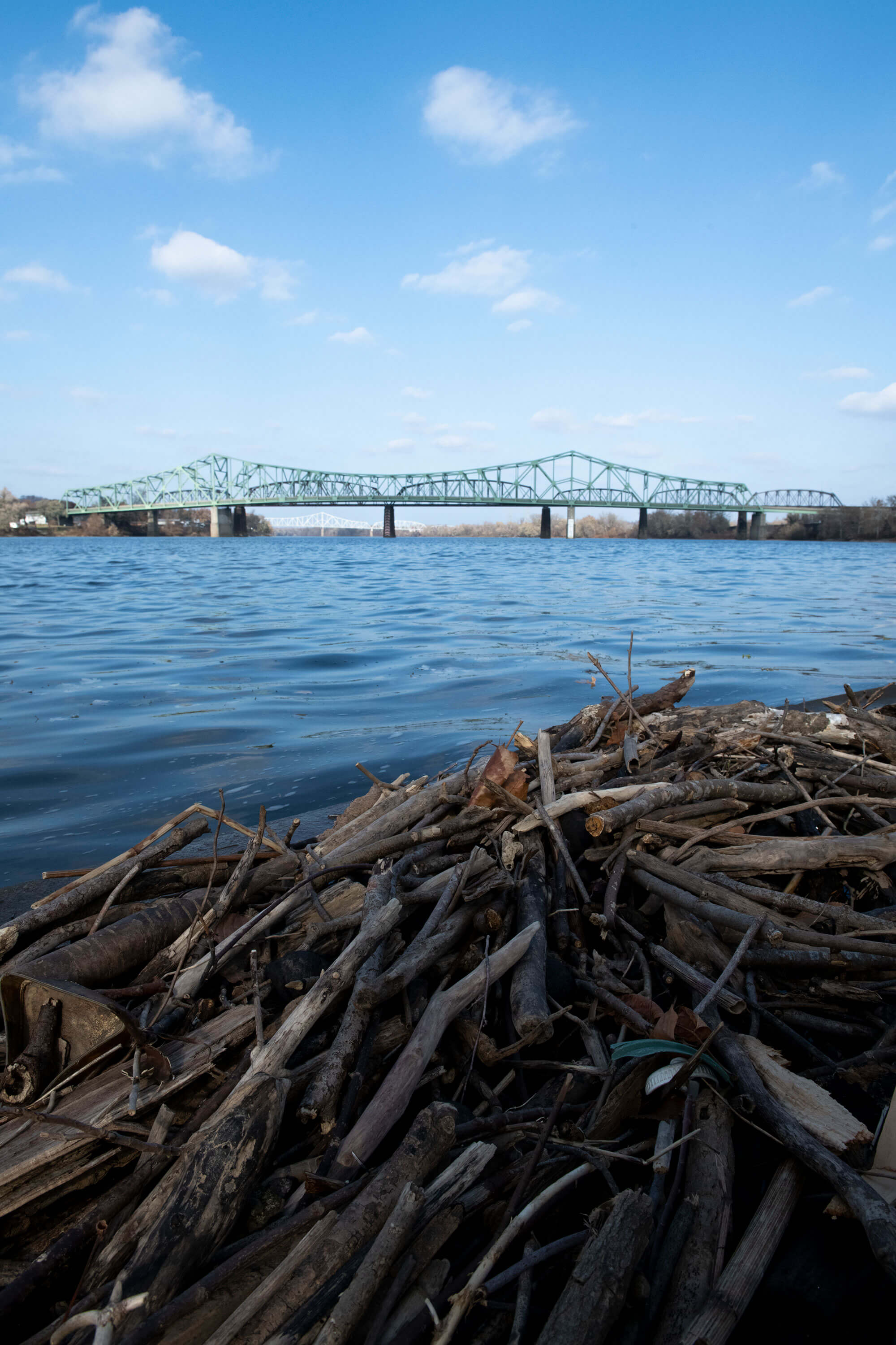 Driftwood is scattered along the shoreline at Point Park in Parkersburg, West Virginia, on Nov. 20, 2019. (Photo by Lexi Browning/100 Days in Appalachia)