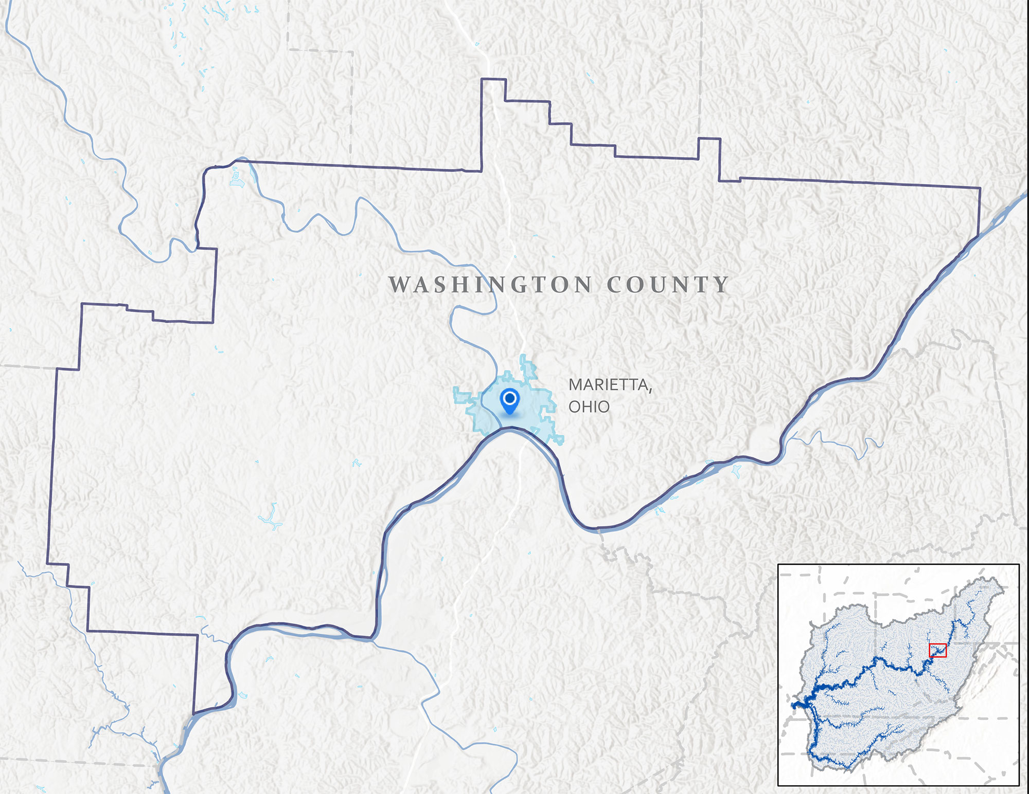 Map showing Marietta, Ohio and the Ohio River.