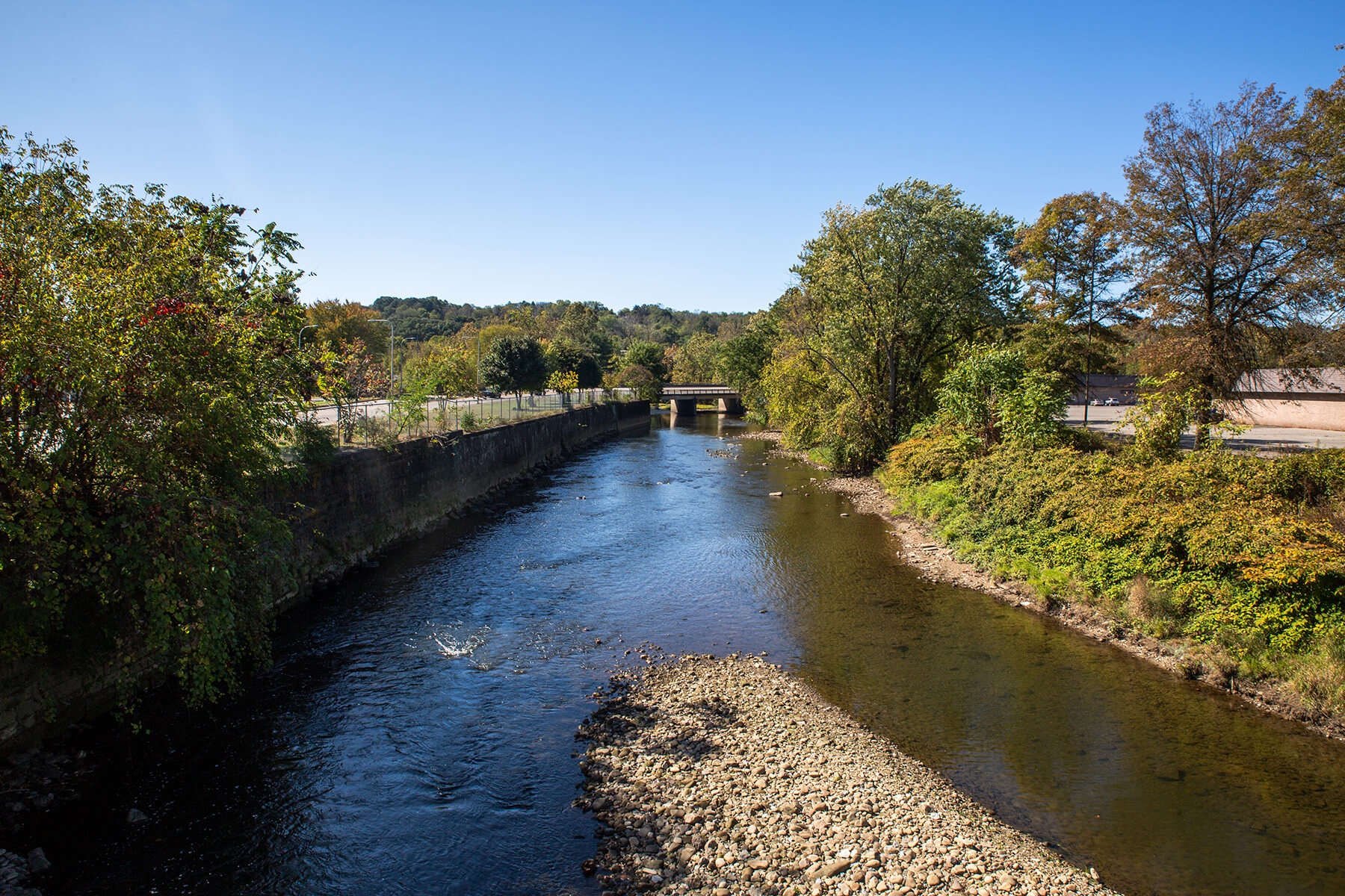 The Neshannock Creek from Jefferson Avenue in New Castle. This location is a popular fishing destination that particularly draws activity during trout season in the spring.