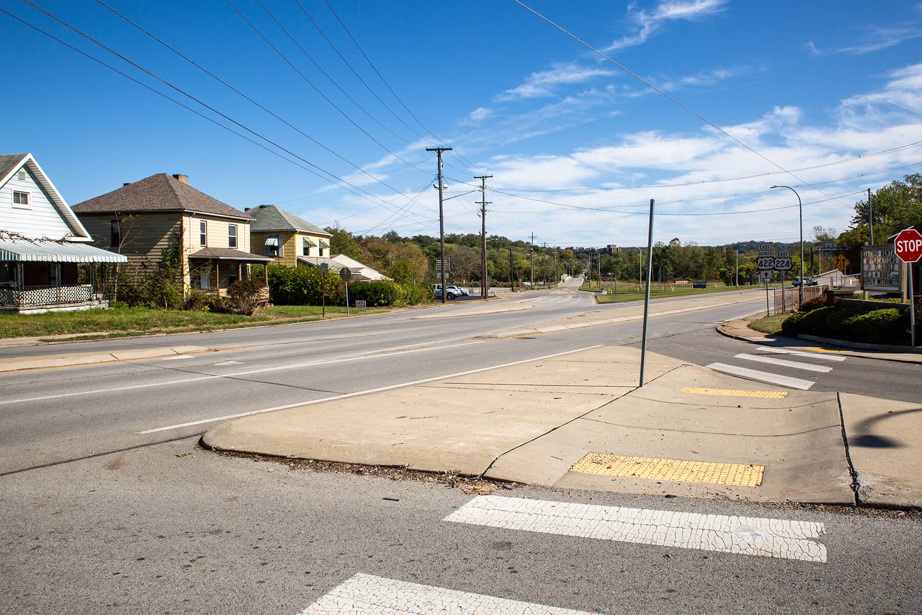 West State Street as it becomes West Falls Street on the West Side of New Castle. The Shenango River (unpictured) flows through this section of the community, where many were displaced as a result of city redevelopment plans.