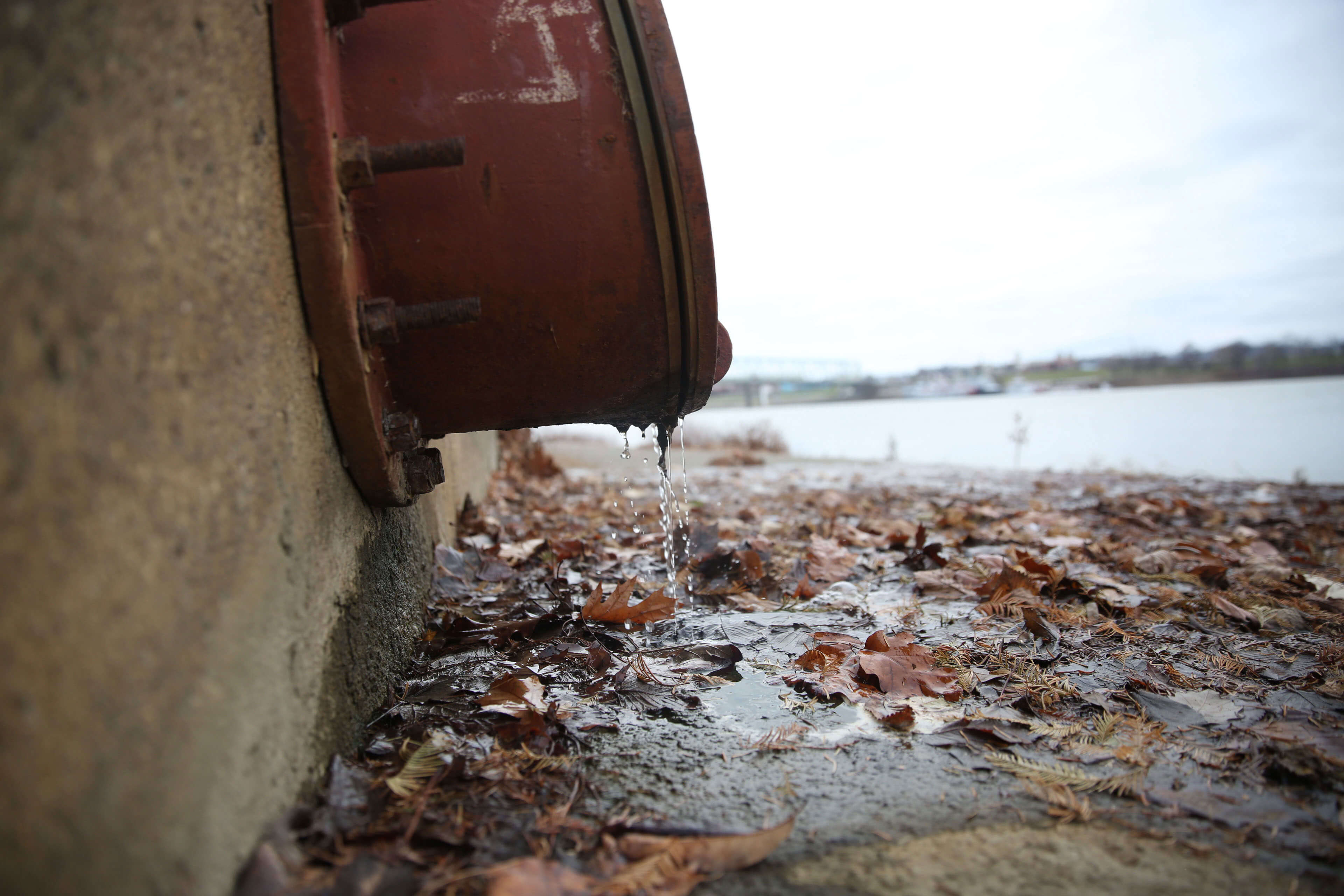 Drain pipe leaks along the Ohio River in Cincinnati, Ohio