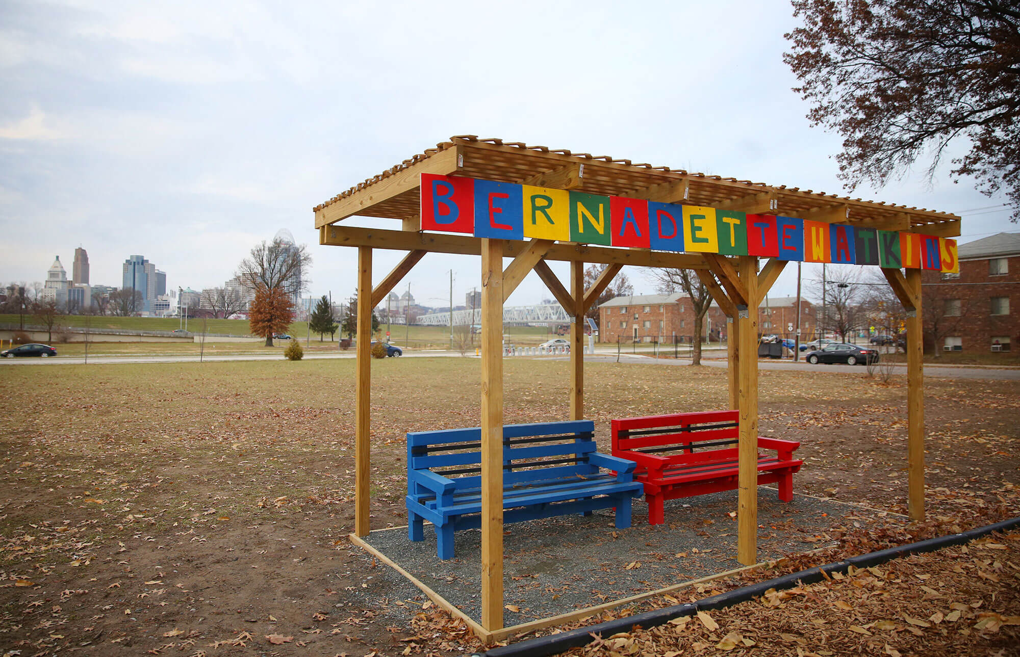 A small shelter with benches at Bernadette Watkins Park in Newport, Kentucky. (Photo by Leigh Taylor/Eye on Ohio)