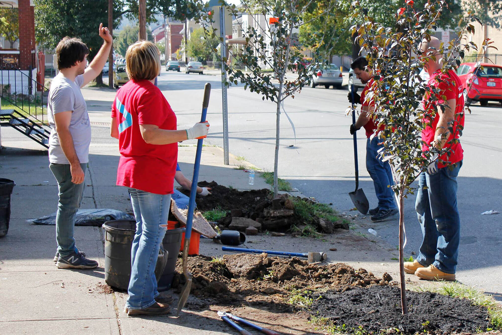 Volunteers help ReNewport Executive Director Josh Tunning (far left) plant trees where they’ve depaved sections of the sidewalk in Newport, Kentucky. (Photo by Bonnie Jean Feldkamp/Eye on Ohio)