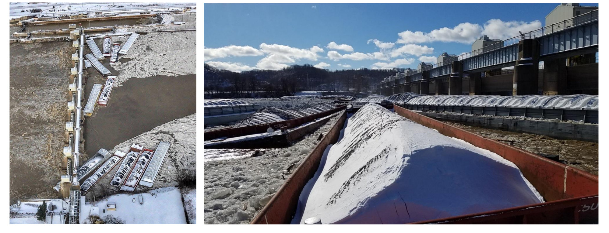 Photos of barges against the Emsworth Locks and Dam after the breakaway on Jan. 13, 2018.